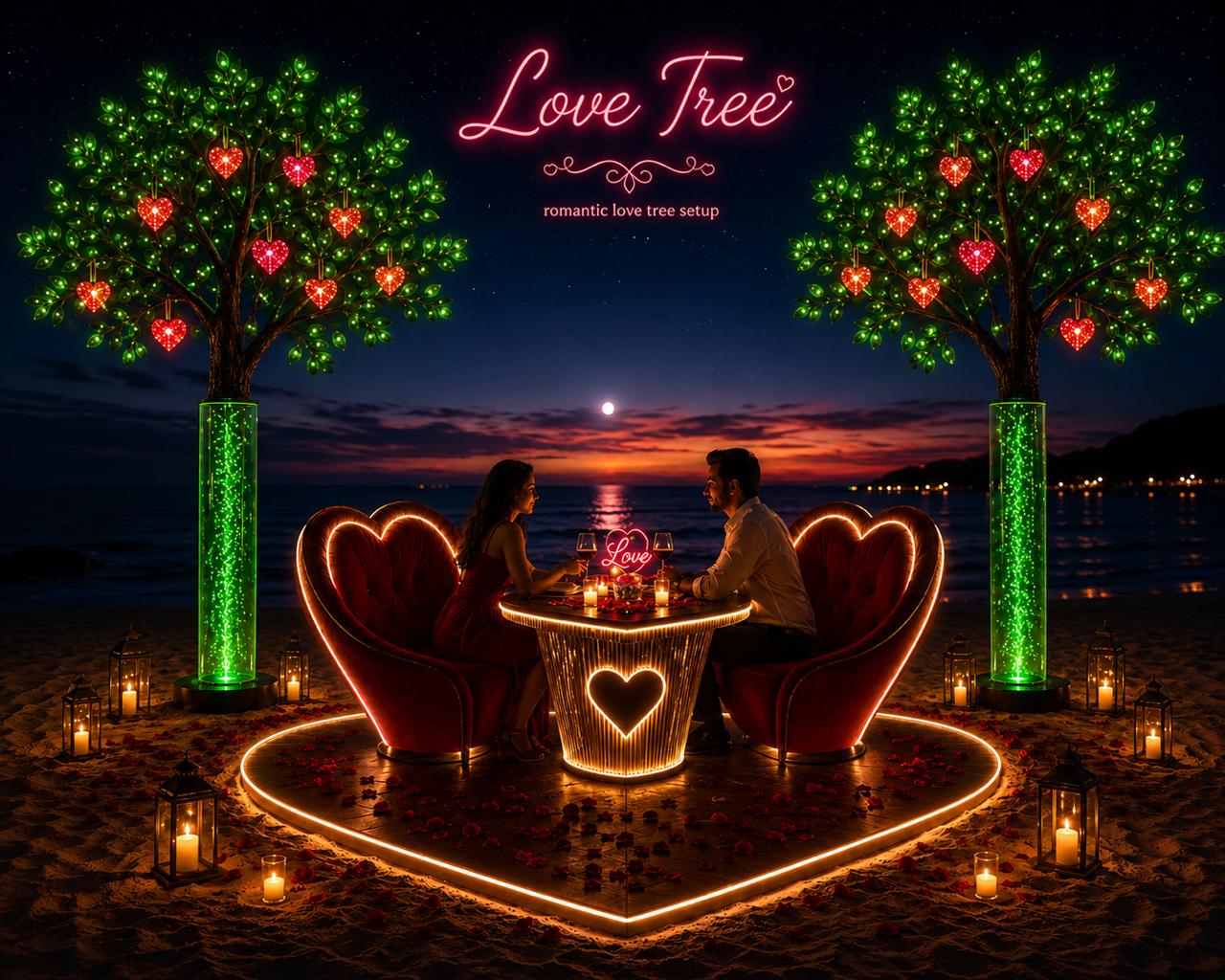Close up of Love Tree with glowing red heart ornaments — Aryaveil India